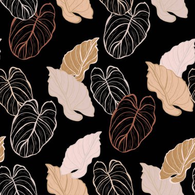 Dekoratif yaprakları ve tasarım unsurları olan zarif, pürüzsüz bir desen. Davetiyeler, kartlar, baskı, hediye paketi, imalat, tekstil, kumaş, duvar kağıtları için çiçek deseni