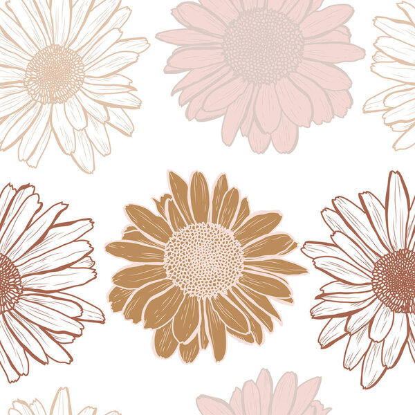 Элегантный бесшовный узор с ромашковыми цветами, элементами дизайна. Цветочный узор для приглашений, открыток, печати, подарочной упаковки, производства, текстиля, ткани, обоев