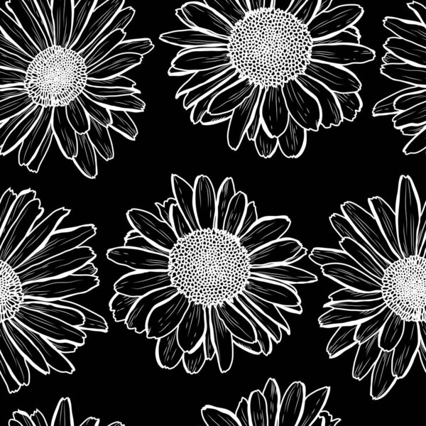 Элегантный бесшовный узор с ромашковыми цветами, элементами дизайна. Цветочный узор для приглашений, открыток, печати, подарочной упаковки, производства, текстиля, ткани, обоев