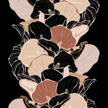 Kala çiçekleri ve tasarım elementleriyle zarif, pürüzsüz bir desen. Davetiyeler, kartlar, baskı, hediye paketi, imalat, tekstil, kumaş, duvar kağıtları için çiçek deseni