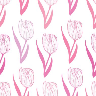Lale çiçekleri ve tasarım elementleriyle zarif, pürüzsüz bir desen. Davetiyeler, kartlar, baskı, hediye paketi, imalat, tekstil, kumaş, duvar kağıtları için çiçek deseni