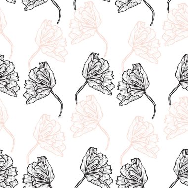 Haşhaş çiçekleri ve tasarım elementleriyle zarif, pürüzsüz bir desen. Davetiyeler, kartlar, baskı, hediye paketi, imalat, tekstil, kumaş, duvar kağıtları için çiçek deseni