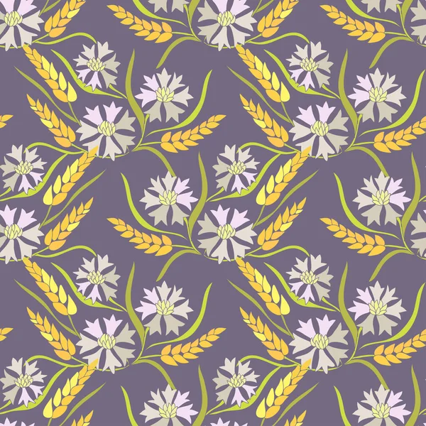 コーンフラワーと小麦 デザイン要素とエレガントなシームレスパターン 招待状 カード ギフトラップ ファブリック 壁紙のための花のパターン — ストックベクタ