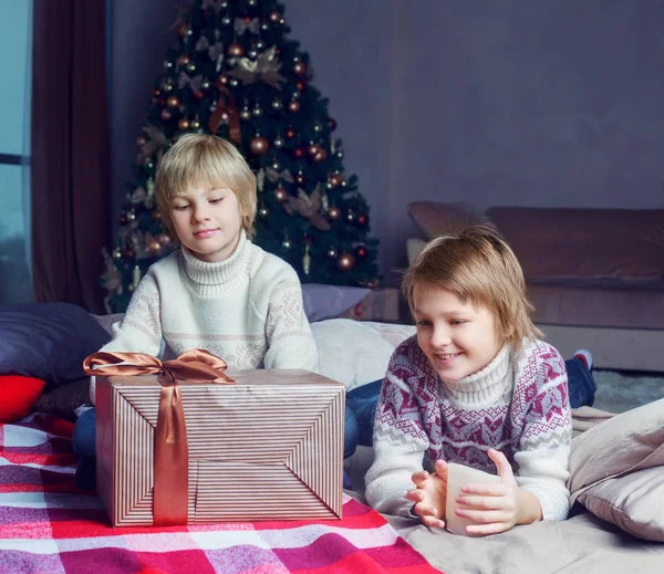 Hermanos con árbol de Navidad —  Fotos de Stock