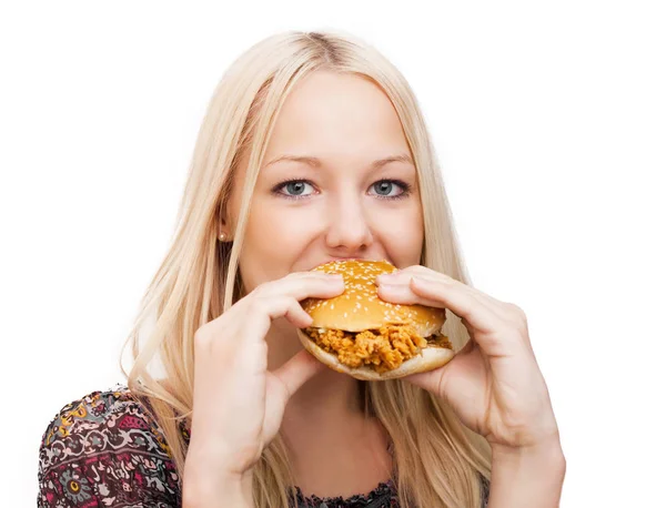 Donna eatiing hamburger — Foto Stock
