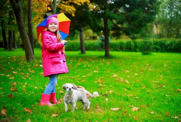 Mädchen mit Hund und Regenschirm — Stockfoto