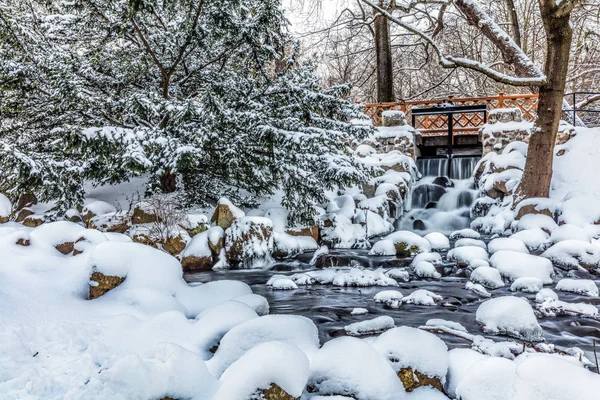 Χειμερινό πάρκο με μικρή γέφυρα — Φωτογραφία Αρχείου