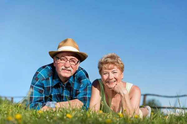 Casal deitado na grama verde — Fotografia de Stock