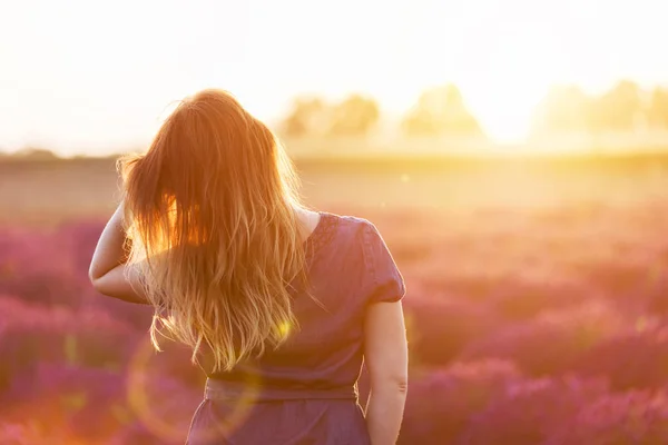 Mladá žena dotýká její dlouhé vlasy, při pohledu na levandulové pole — Stock fotografie