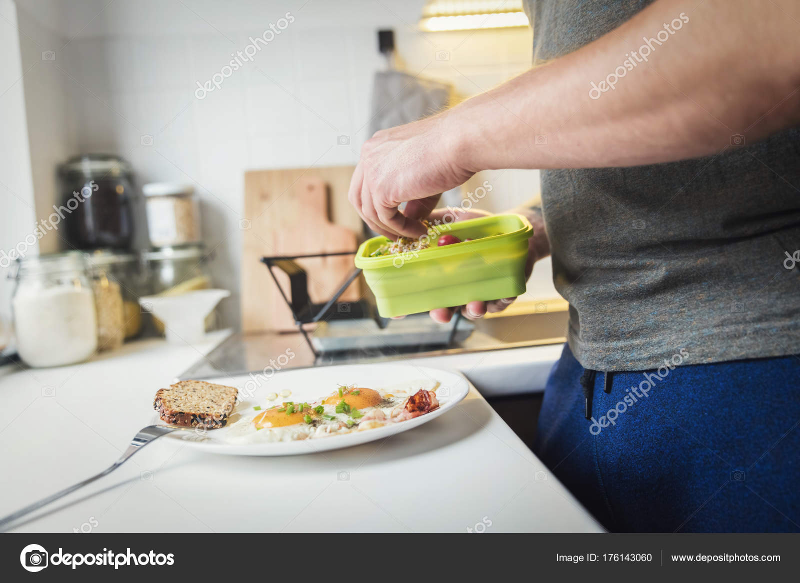 Person Seasoning Eggs Chives Kitchen Counter Stock Photo Image By Photocreo 176143060