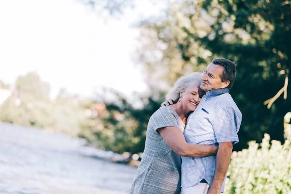 Senior Woman Hugging Her Husband Lovingly Romantic Date Bosom Nature — Stock Photo, Image