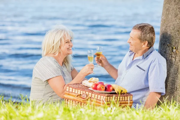 Mariage Âgé Trinquant Bord Lac Détente Bord Eau Joyeux Couple — Photo