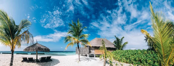 Тропічний Подання Екзотичний Курорт Острів Мальдівах Пальмами Соломи Будинку Відпочивав — стокове фото