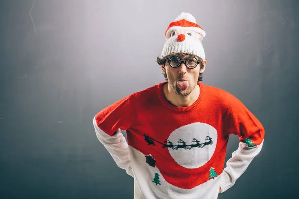 Moody Man Sticking His Tongue Out Dressed Funny Glasses Christmas — Stock Photo, Image