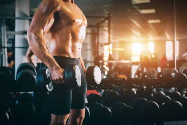 Muskulöser Mann Mit Hanteln Den Händen Kräftiger Körper Fitnessgeräte — Stockfoto