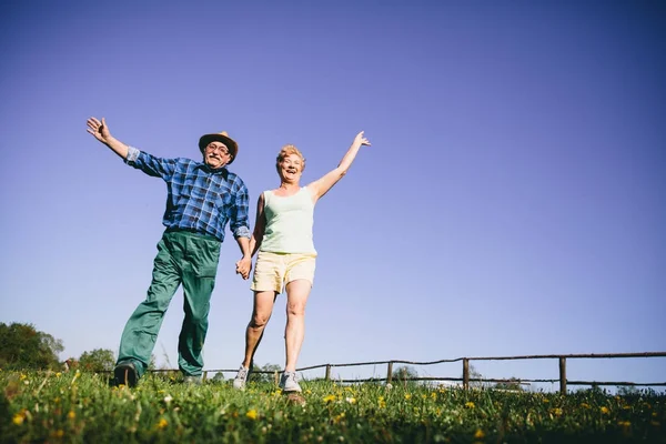 Lyckliga Paret Hoppa Grassfield Och Vinkar Aktiv Pensionering Mogen Relation — Stockfoto