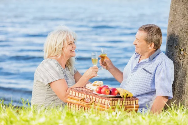 Yaşlı Evlilik Gölün Yanında Kızartma Ile Rahatlatıcı Mutlu Çift — Stok fotoğraf