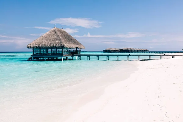 Terrazza Legno Pali Pontile Mare Limpido Spiaggia Sabbiosa Maldive Tempo — Foto Stock