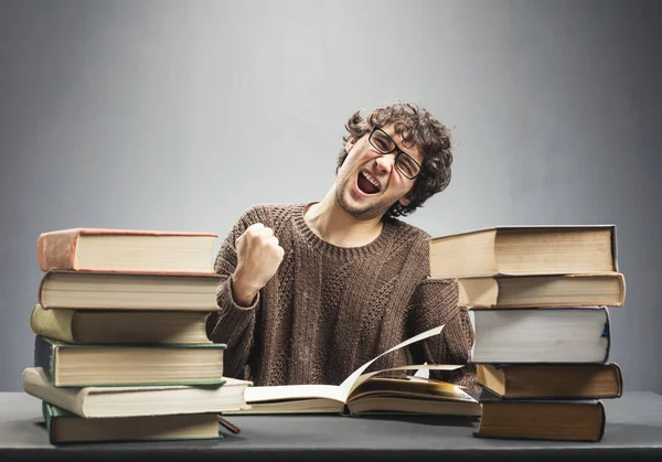 Young Man Sitting Piles Books Happy Facial Expression Geek Concept — Stock Photo, Image