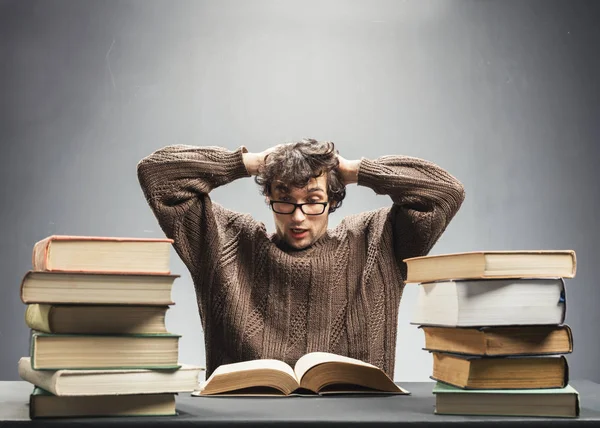 College Man Studying Books Reading One Terrified Shaken Student Studying — Stock Photo, Image