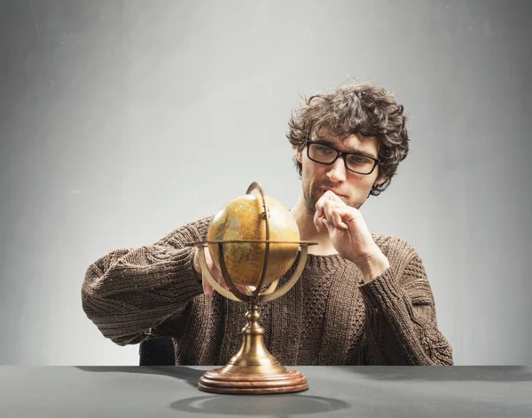 Young Man Looking Artificial Globe Adventurer Explorer Concept Geography — Stock Photo, Image