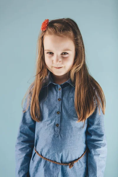 Portrait Cute Long Haired Young Girl Blue Dress — Stock Photo, Image