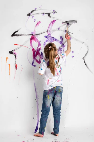 Little Girl Decorating White Wall Colorful Paint — Stock Photo, Image