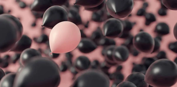 Černé Balónky Jedním Růžovým Letem Vzduchu Pozdrav Ilustrace — Stock fotografie