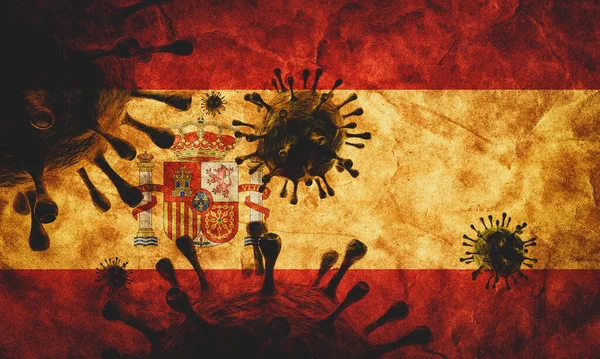 スペインの旗に対するコロナウイルス 流行概念を引き起こすウイルス — ストック写真