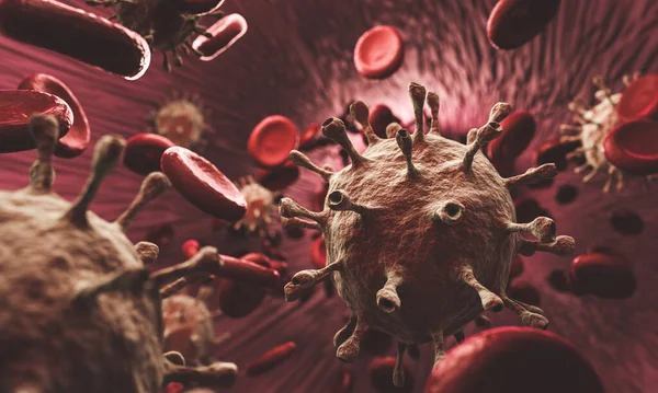 生体内のコロナウイルスや血液細胞 世界中のパンデミックを引き起こすウイルス 3Dレンダリング — ストック写真
