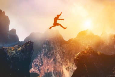 Man jumping between rocks. Overcome a problem, challenge, and hope for a better future. 3D illustration clipart
