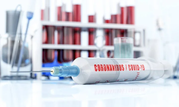 Ricerca Sul Vaccino Del Coronavirus Laboratorio Siringa Sul Tavolo Bianco — Foto Stock