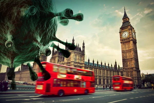 Coronavirus attacking London, the UK. Red bus in motion and Big Ben.