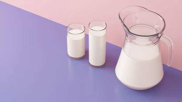 Lait Dans Deux Verres Une Cruche Lait Produits Laitiers Illustration — Photo