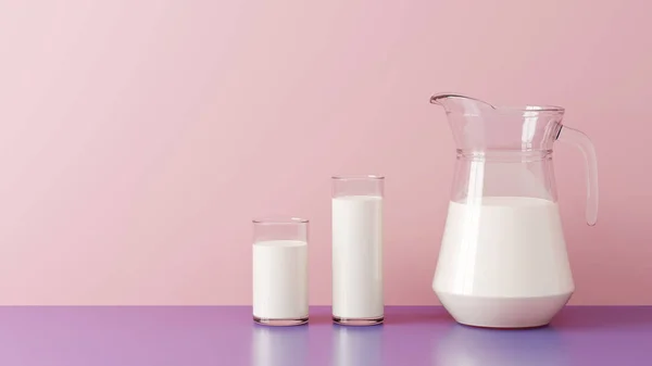 两个杯子里的牛奶和牛奶罐 乳制品 3D插图 — 图库照片
