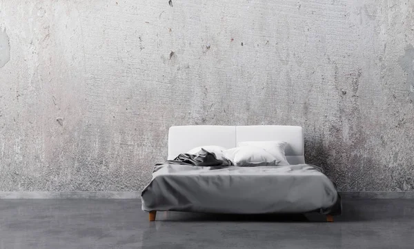 Bed with satin linen and pillows in empty room with grunge wall. Loft style. 3D illustration