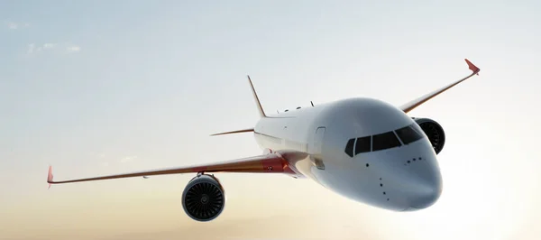 商业飞机在日落的天空中飞行 客机或货机 3D插图 — 图库照片