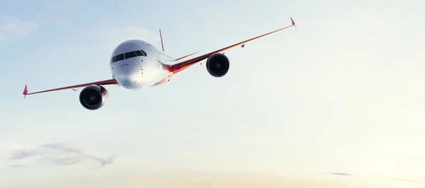 Avión Comercial Volando Cielo Del Atardecer Aviones Pasajeros Carga Ilustración —  Fotos de Stock