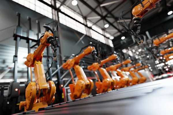 Ramiona Robotów Wzdłuż Linii Montażowej Nowoczesnej Fabryce Przemysł Ciężki Technologia — Zdjęcie stockowe