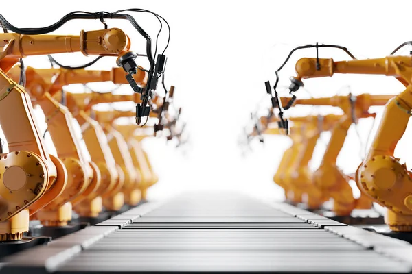 Роботизированные Руки Вдоль Сборочной Линии Современная Тяжёлая Промышленность Технологии Машинное — стоковое фото