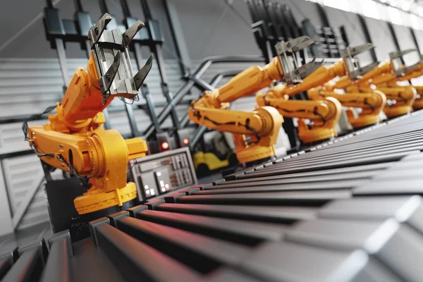 Ramiona Robotów Wzdłuż Linii Montażowej Nowoczesnej Fabryce Przemysł Ciężki Technologia — Zdjęcie stockowe
