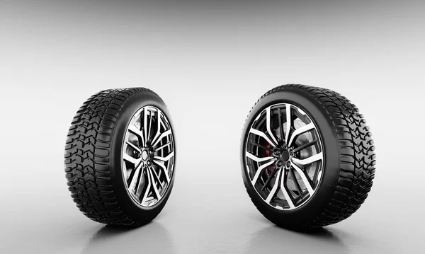 白色背景的带现代Alu轮缘的车轮 3D插图 — 图库照片