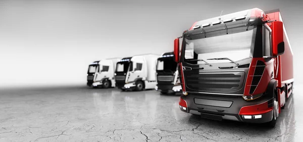 载货拖车的卡车队 前面的红色卡车 领头羊的概念 航运业 3D插图 — 图库照片