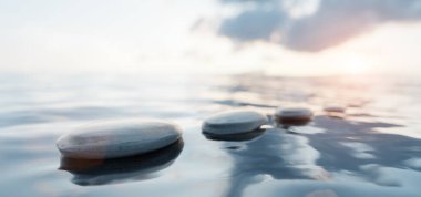 Zen stones on calm water. Spa wellness and harmony. Ocean at sunset. 3D render clipart