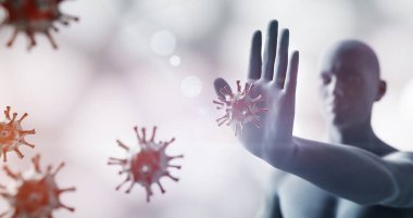 Man stopping coronavirus. Immune system defends from corona virus COVID-19. 3D render clipart