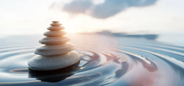 Zen Stones Arranged Pyramid Balanced Water Spa平静和谐 日落时的海洋3D渲染 — 图库照片