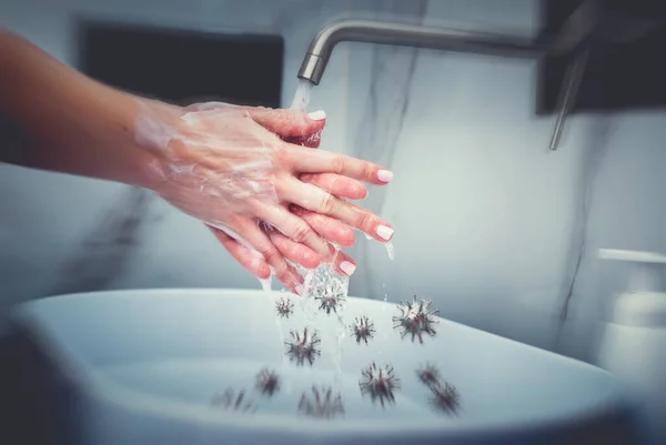 Kvinnan Tvättar Händerna Och Tar Bort Virus Coronavirus Hygien Som — Stockfoto