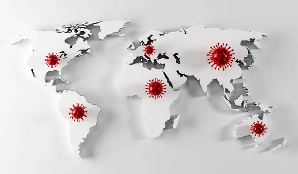 Coronavirus Covid 19遍布全球各大洲的电晕病毒细胞分布图 3D渲染 — 图库照片