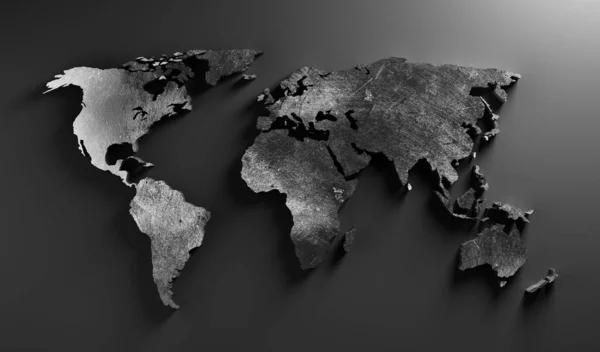 世界地图由黑色刮痕的金属制成 现代墙纸的格子风格 3D插图 — 图库照片