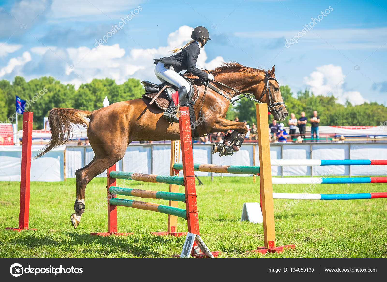 Jockey Com Seu Cavalo Pulando Sobre Um Obstáculo Imagem de Stock